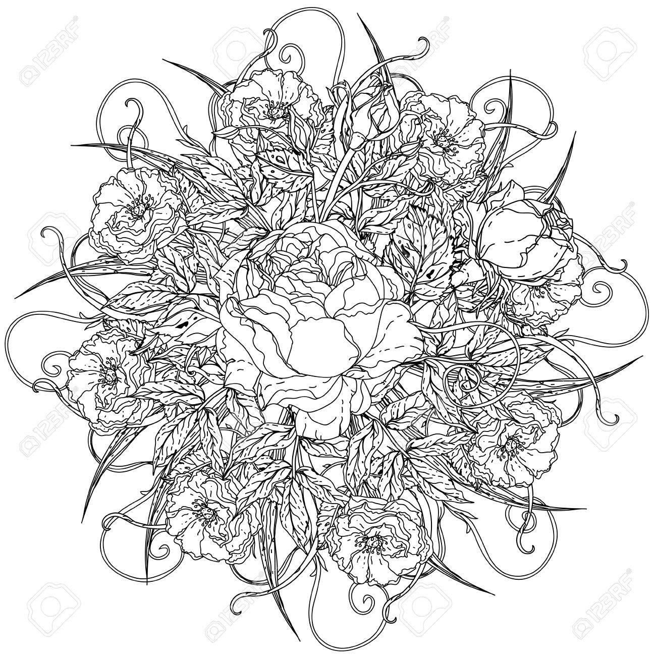 Roses De Forme De Mandala Dans Le Vieux Bouquet Maîtres De Style Pour Adultes Livre De Coloriage Dans Le Zen Style Art Thérapie Anti Dessin Stress