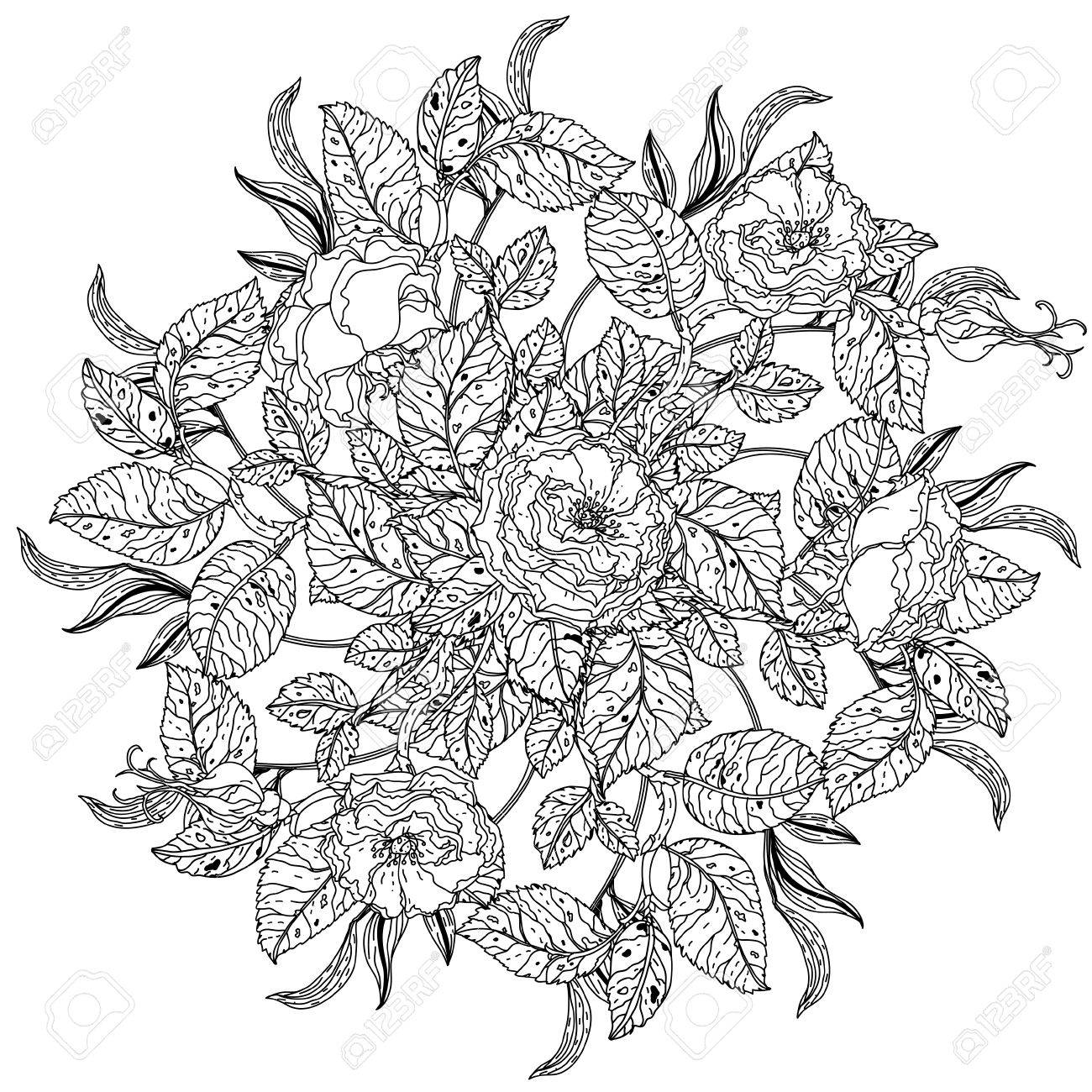 Mandala Shape Roses In Old Masters Style Bouquet For Adult Coloring ... Mandala Shape Roses In Old Masters Style Bouquet For Adult Coloring ...
