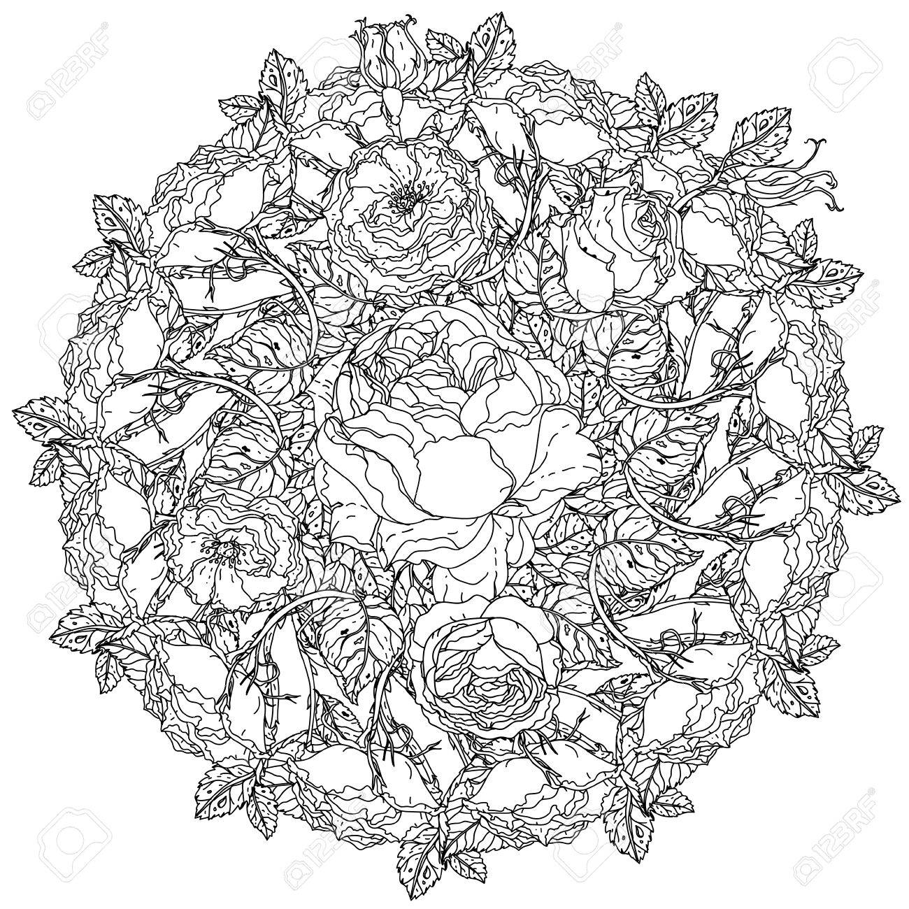 巨匠のマンダラの形で花はスタイル ブーケ大人の塗り絵 アンチ ストレス図面禅芸術療法です 手描き ベクトル 塗り絵 ポスター デザインのための詳細な 曼荼羅のイラスト素材 ベクタ Image