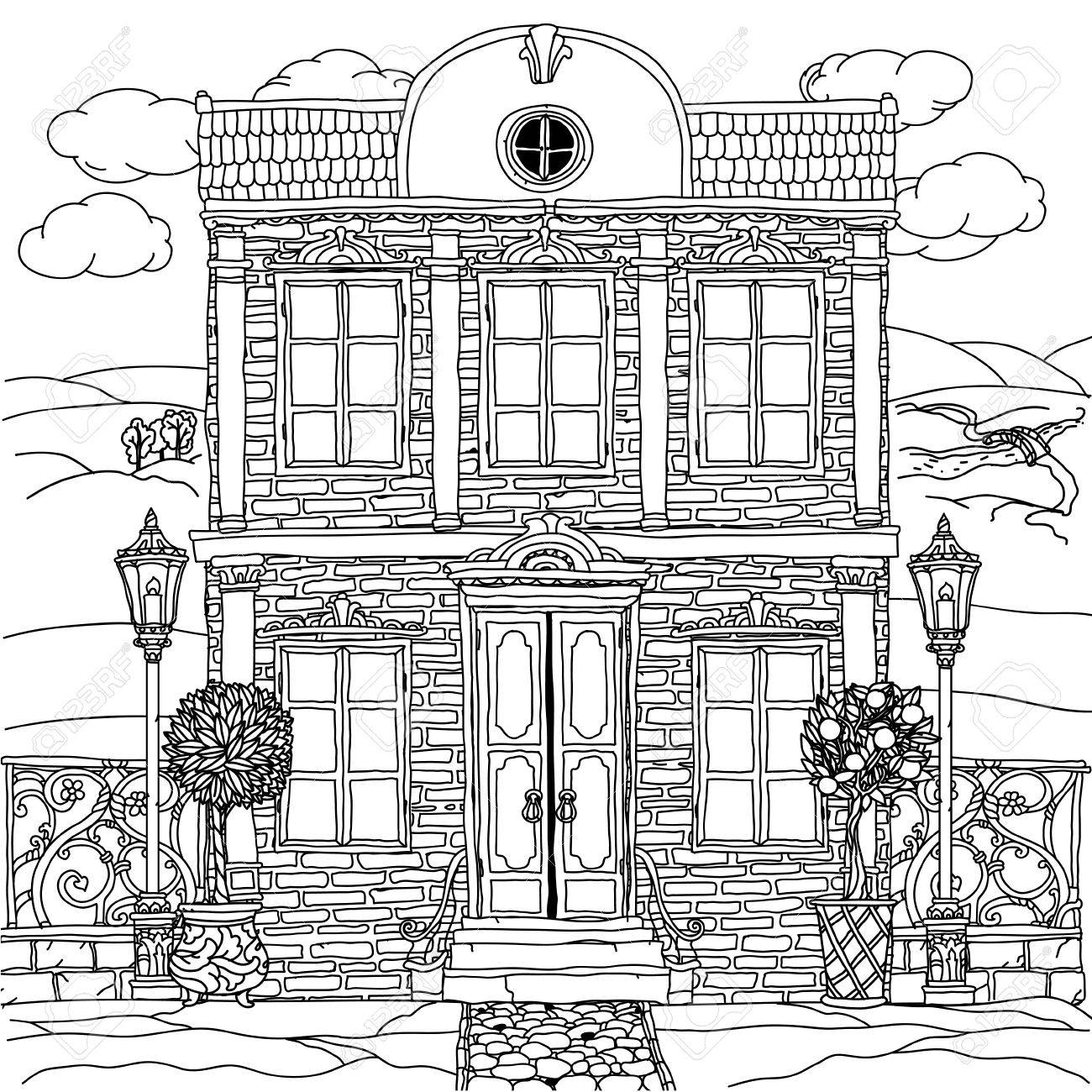 illustration en noir et blanc d une maison avec des details pour livre de coloriage adultes ou zen art therapie anti dessin stress hand drawn vecteur tres detaille le lettres