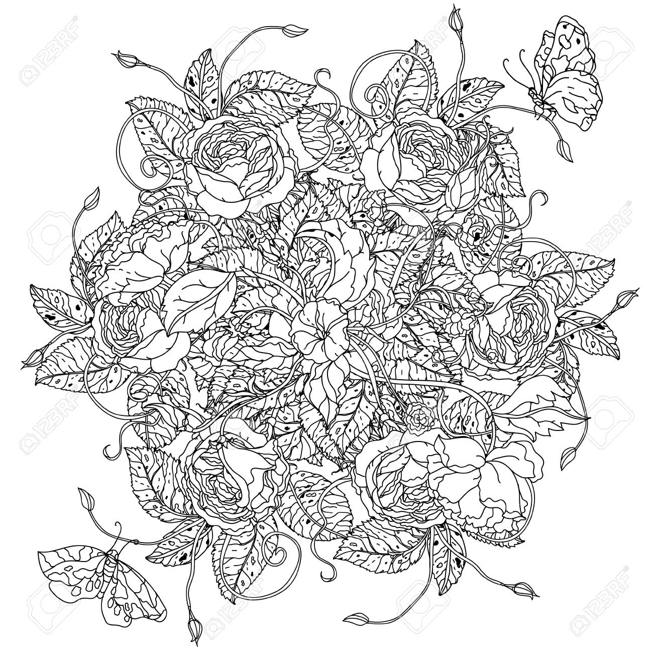 Bouquet De Fleurs De Luxe En Forme De Mandala Pour Livre De Coloriage Adulte Ou Pour Zen Art Thérapie Dessin Anti Stress Dessiné à La Main Vecteur