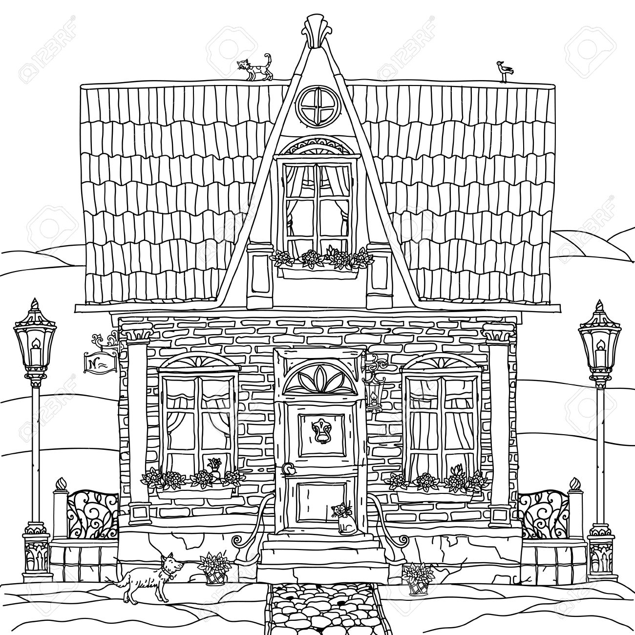 Façade Dune Maison Avec Des Fleurs Des Plantes Chat Et Chien Pour Adultes Livre De Coloriage Ou Zen Art Thérapie Dessin Anti Stress Hand Drawn