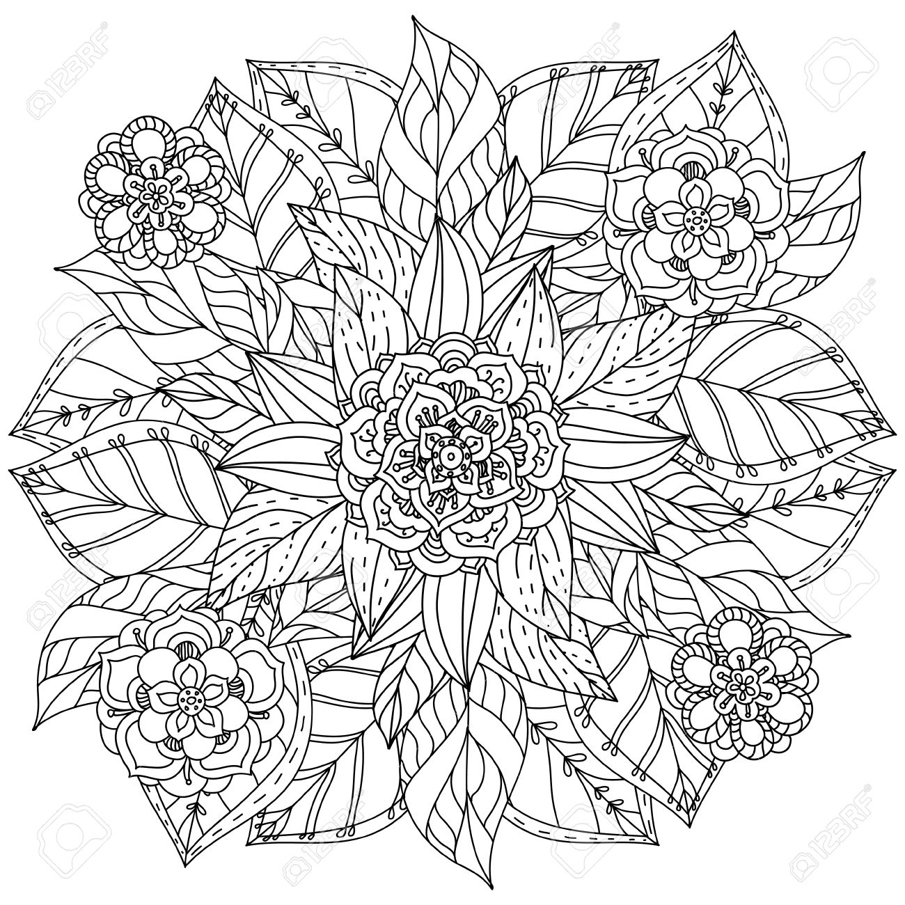 Fleurs De Forme De Mandala Profilées Pour Adulte Livre De Coloriage Dans Le Zen Style Art Thérapie Anti Dessin Stress Hand Drawn Rétro Griffonnage