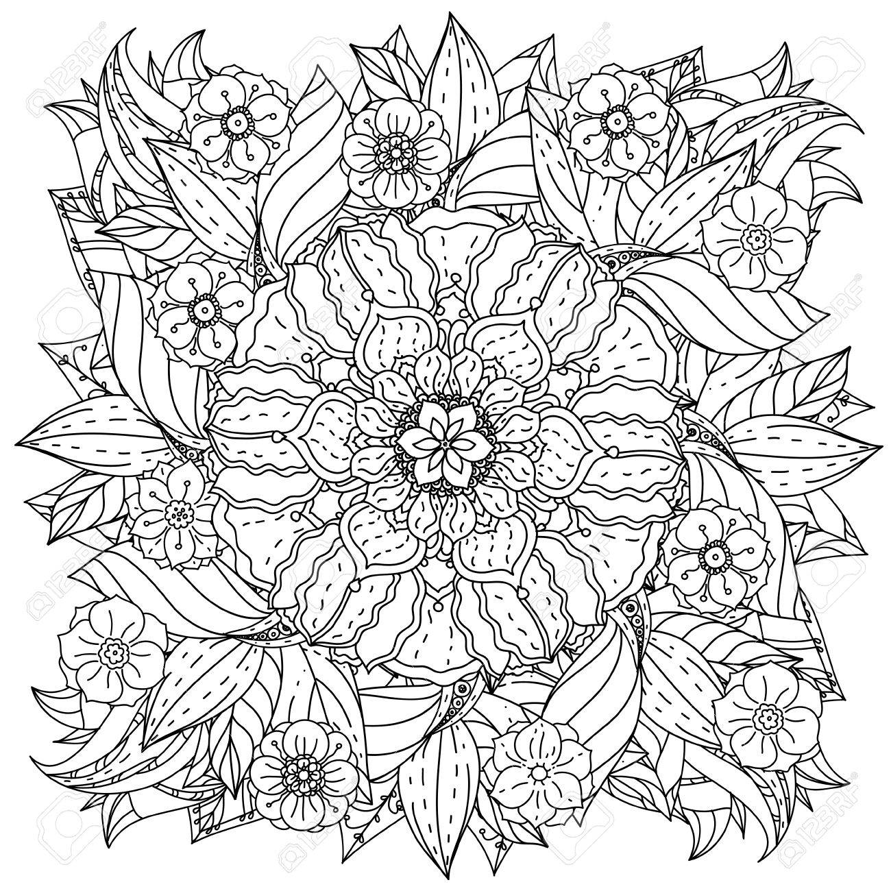 Contoured Mandala Shape Flowers For Adult Coloring Book In Zen Art Therapy Style Anti Stress