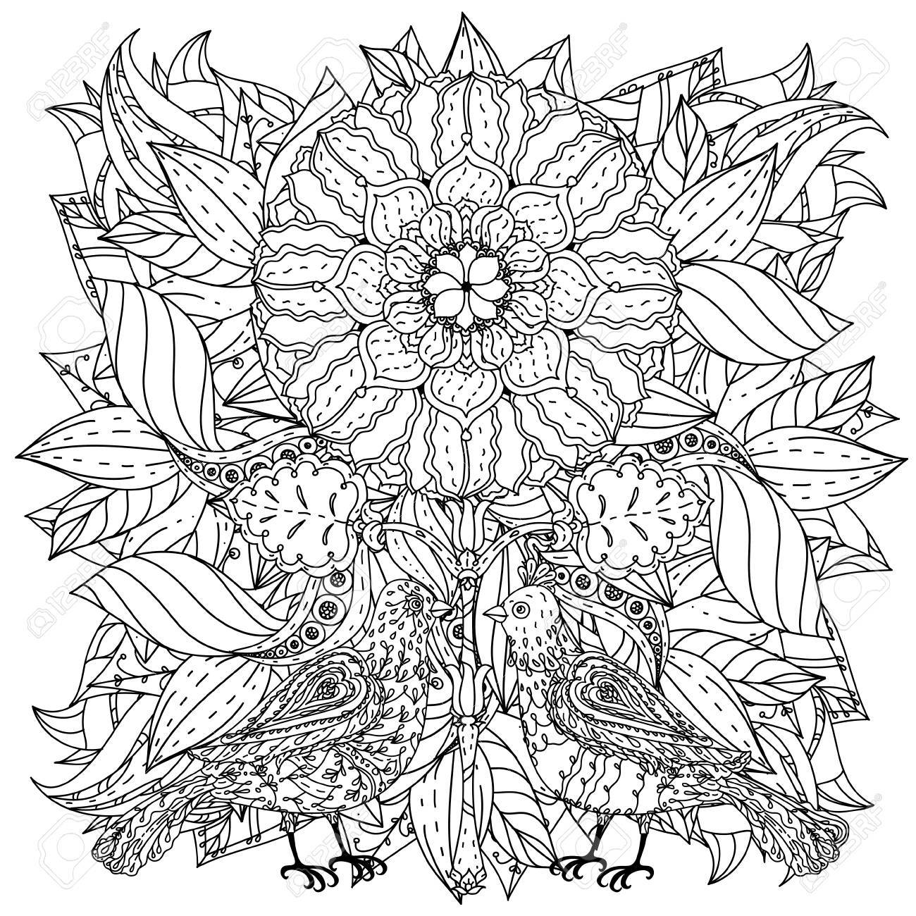 contoured mandala shaped flowers and birds for adult coloring book rh es 123rf Flower Coloring Pages for Adults Unique Adult Coloring Book Page
