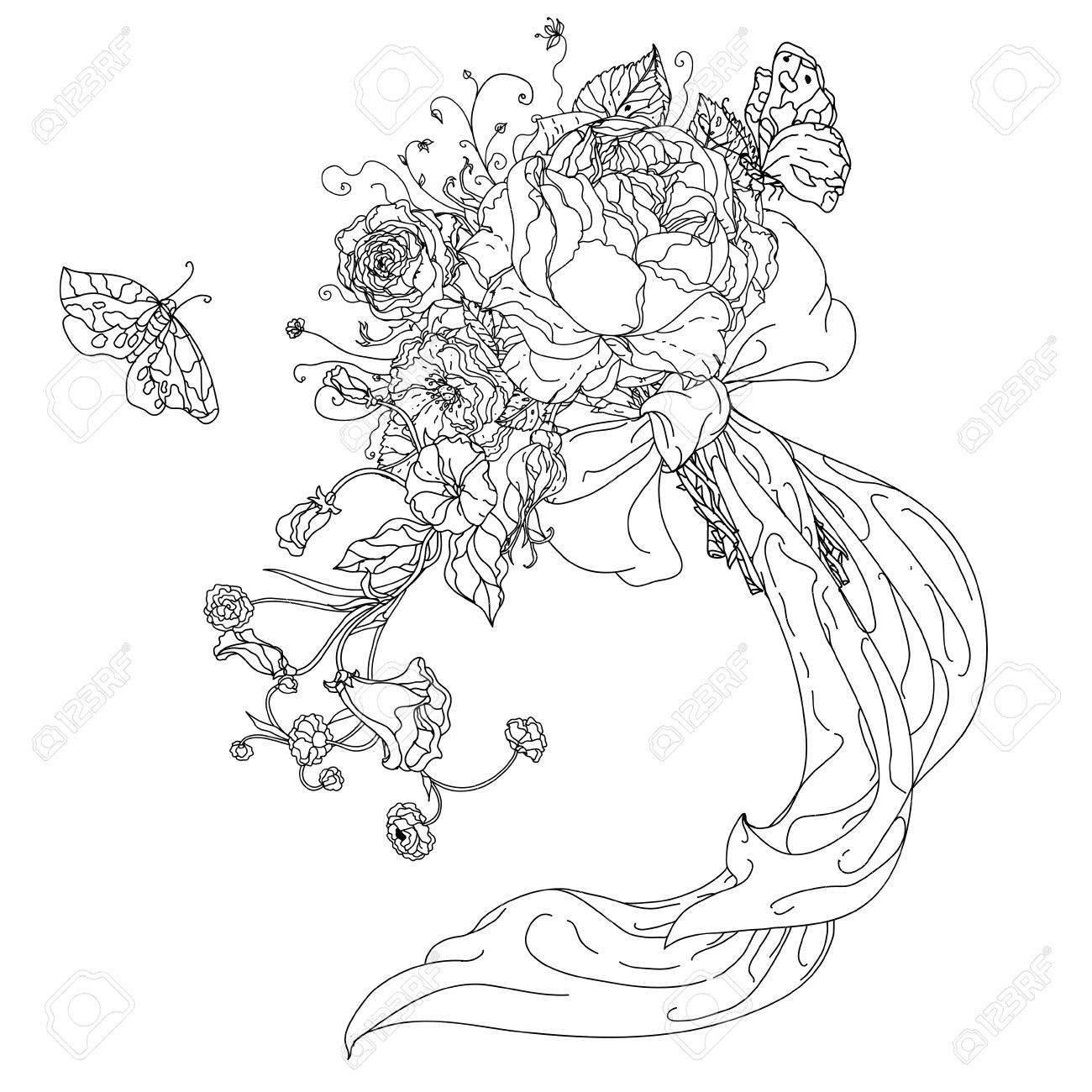 Hautement main détaillée attirée roses sauvages et ruban pour adulte livre de coloriage Hand