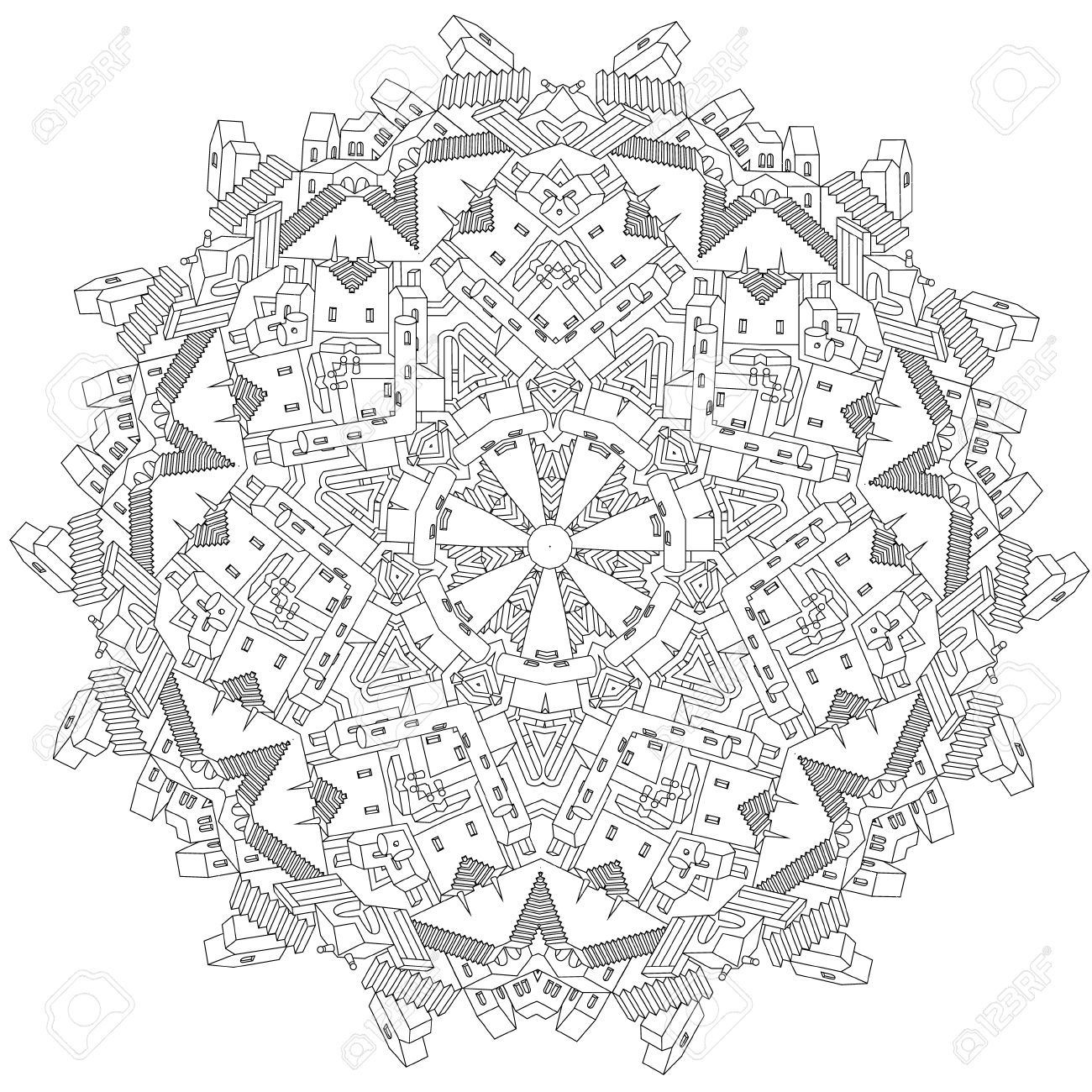 adulti libro da colorare disegno sagomato di un inesistente labirinto citt  irreale in forma mandala con case muri e