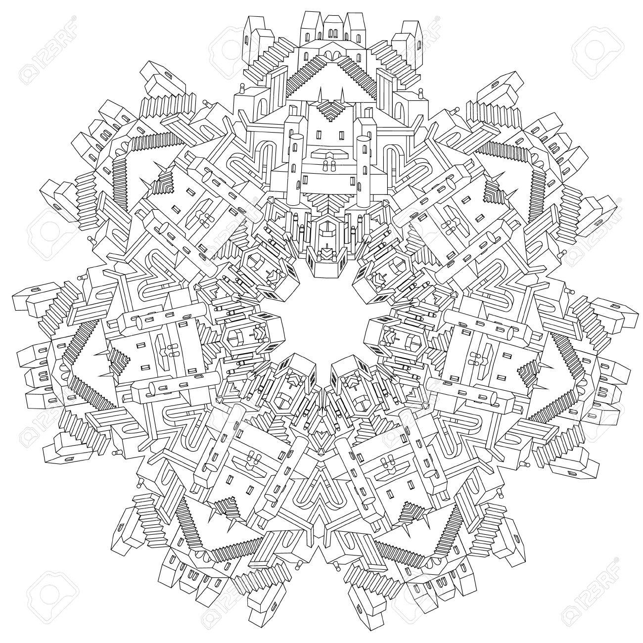 Dessin Profilée Dun Labyrinthe De La Ville Irréelle Inexistante En Forme De Mandala Avec Des Maisons Des Murs Et Des Escaliers Hand Drawn