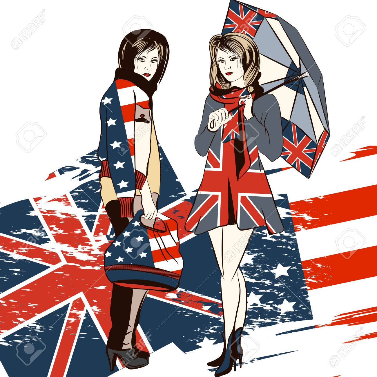 英語とアメリカの旗で飾られた クロージアーのファッションのトレンディな女の子のイラスト素材 ベクタ Image 英語とアメリカの旗で飾られた クロージアーのファッションのトレンディな女の子のイラスト素材 ベクタ Image