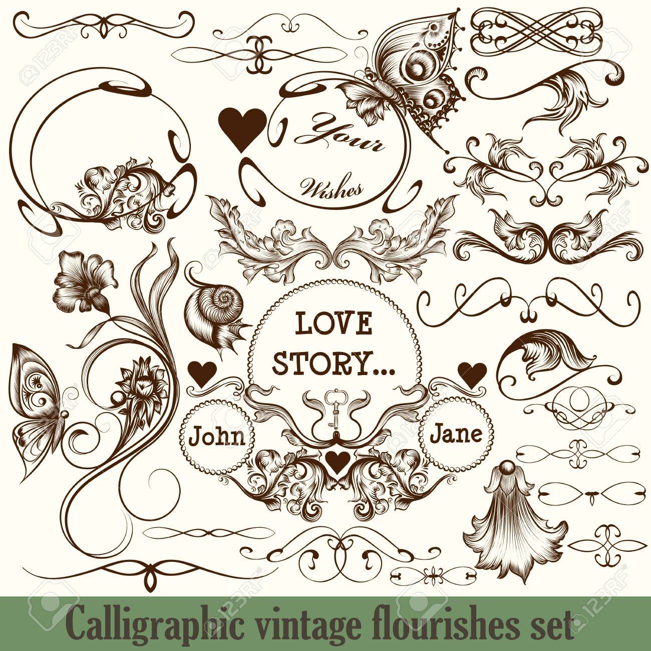 set of vector calligraphic flourishes in vintage style engraved