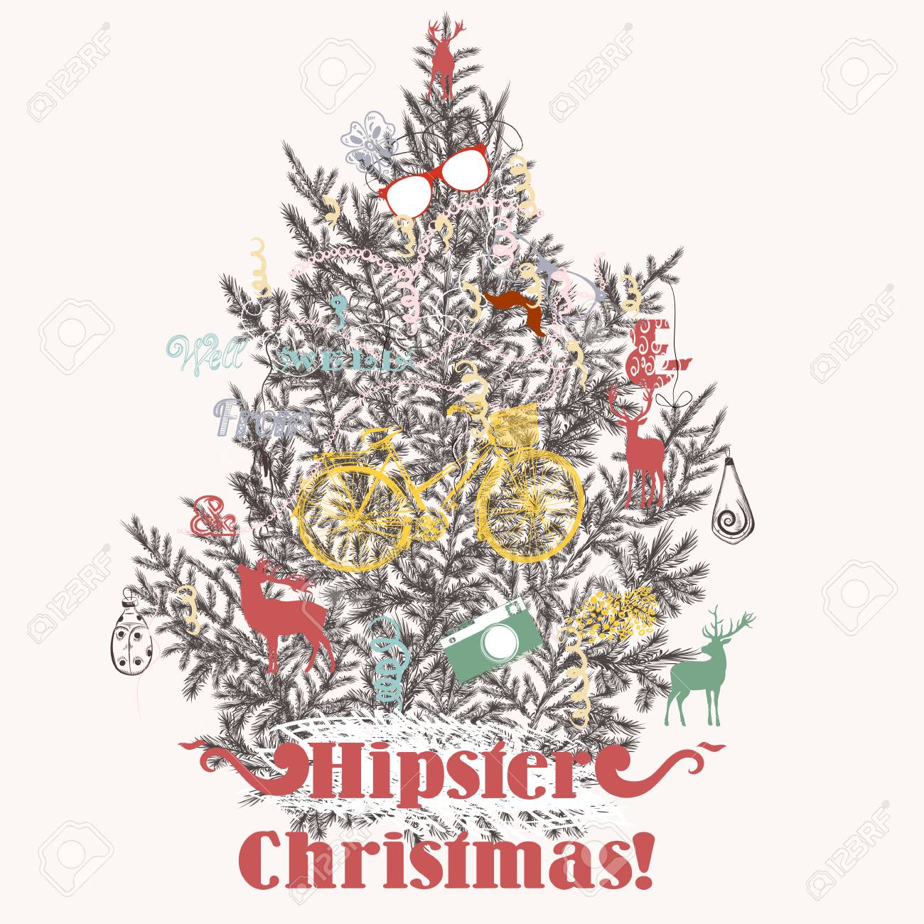 Christmas Hipster Background With Xmas Tree Decorated By Bicycle Deer And Other Things Stock Vector Christmas Hipster Background With Xmas Tree Decorated By Bicycle Deer And Other Things Stock Vector