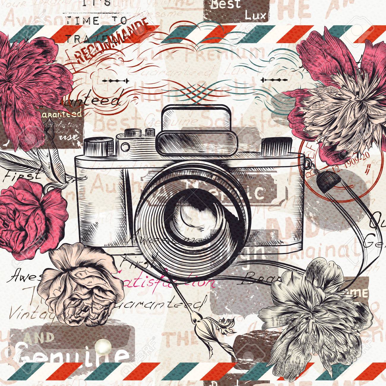 Vintage illustration or postcard with retro camera and flowers for design - 64311858 Vintage illustration or postcard with retro camera and flowers for design - 64311858