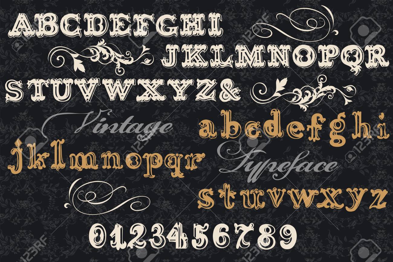 フォントのタイプフェイス、ビンテージ スタイルの文字、数字の