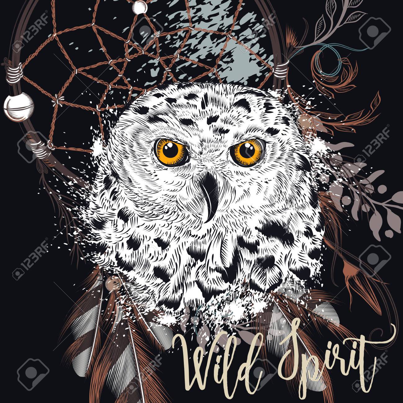 ファッションは自由奔放に生きるドリーム キャッチャーとフクロウの図 野生のスピリットのイラスト素材 ベクタ Image