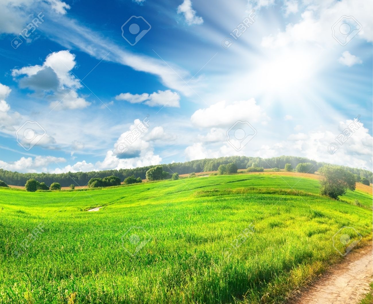 Summer landscape with green grass, road and clouds - 8707822 Summer landscape with green grass, road and clouds - 8707822