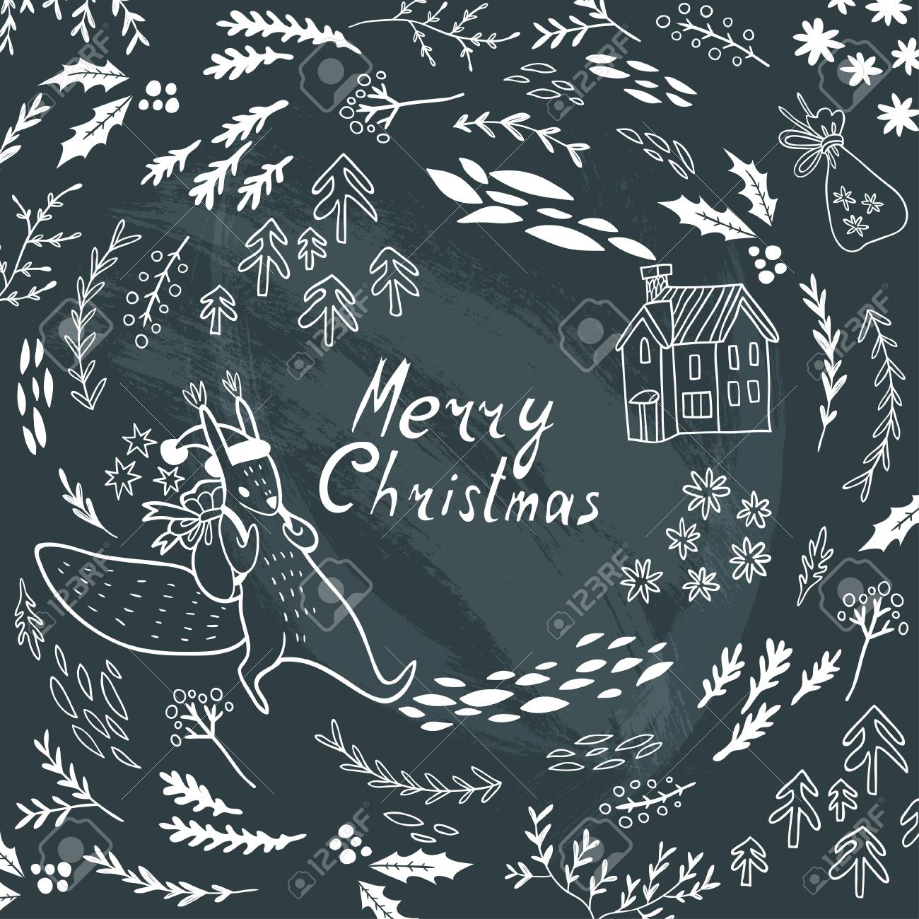 Merry Christmas Lettering Greeting Card With Christmas Symbols