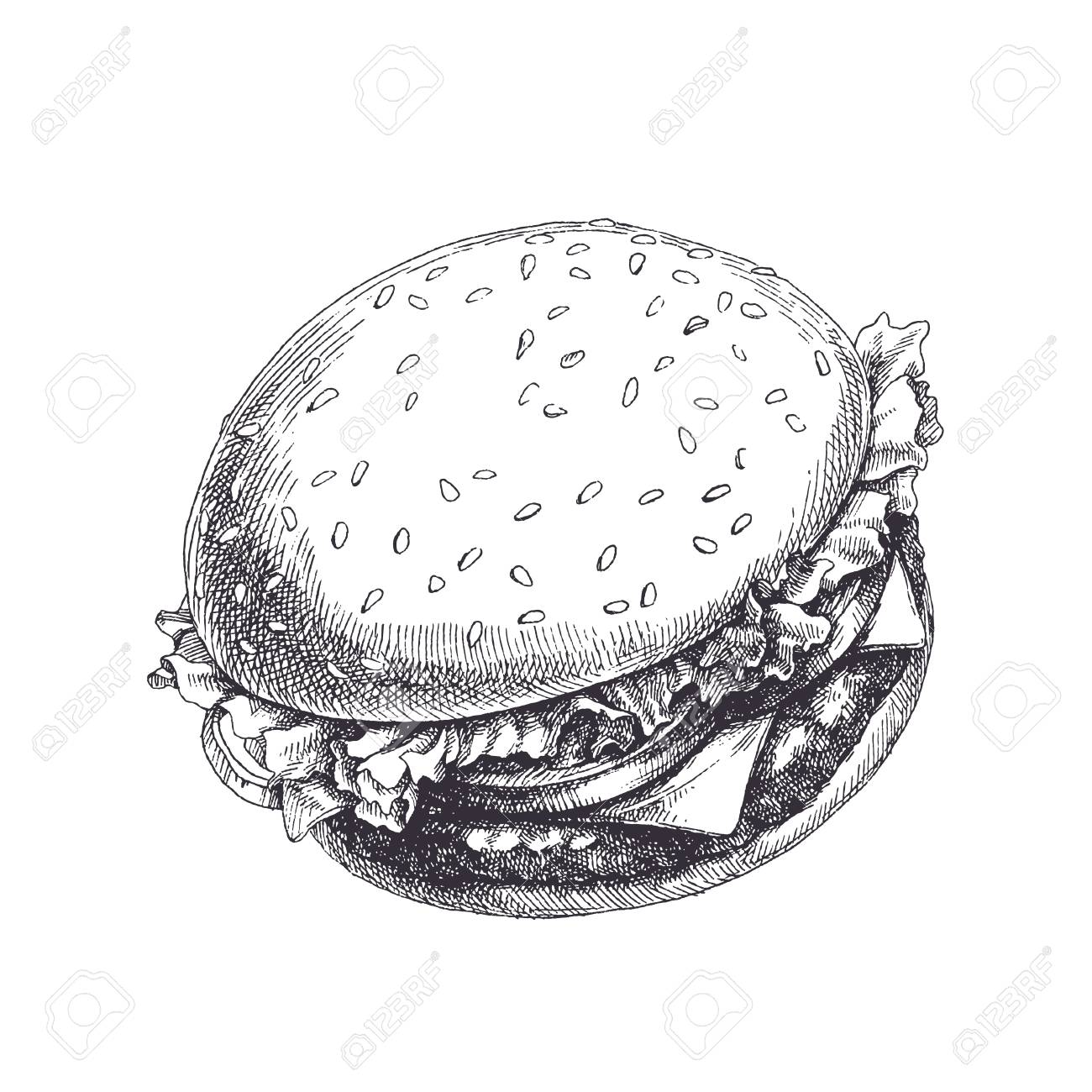おいしいハンバーグ トマト 肉 玉ねぎ チーズ レタスの葉します 白で隔離ファーストフードのベクトル イラストを手描き スケッチ スタイルのイラスト素材 ベクタ Image 82178419