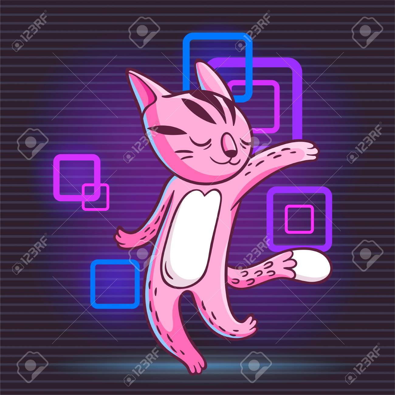 ディスコパーティーで面白いダンス漫画の猫のベクトル手描きのイラスト 背景にネオンライトを持つかわいい動物のキャラクター のイラスト素材 ベクタ Image