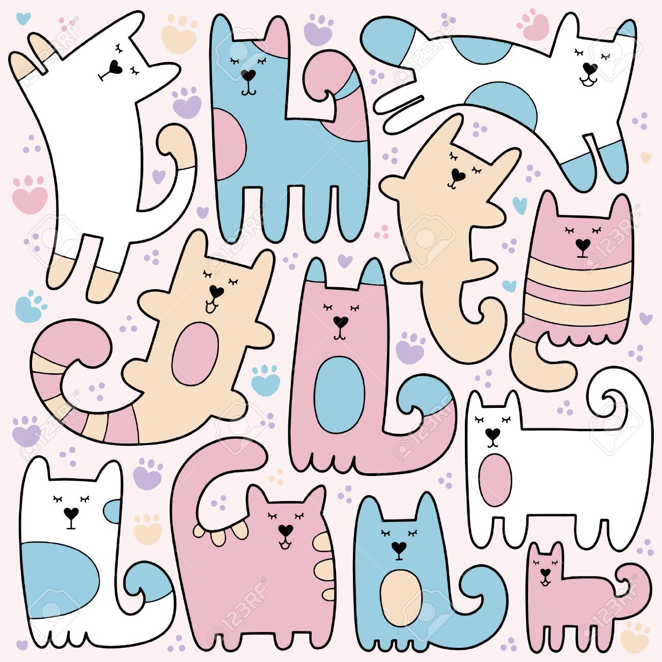 Conjunto de ilustração de doodle de desenho animado de animais kawaii