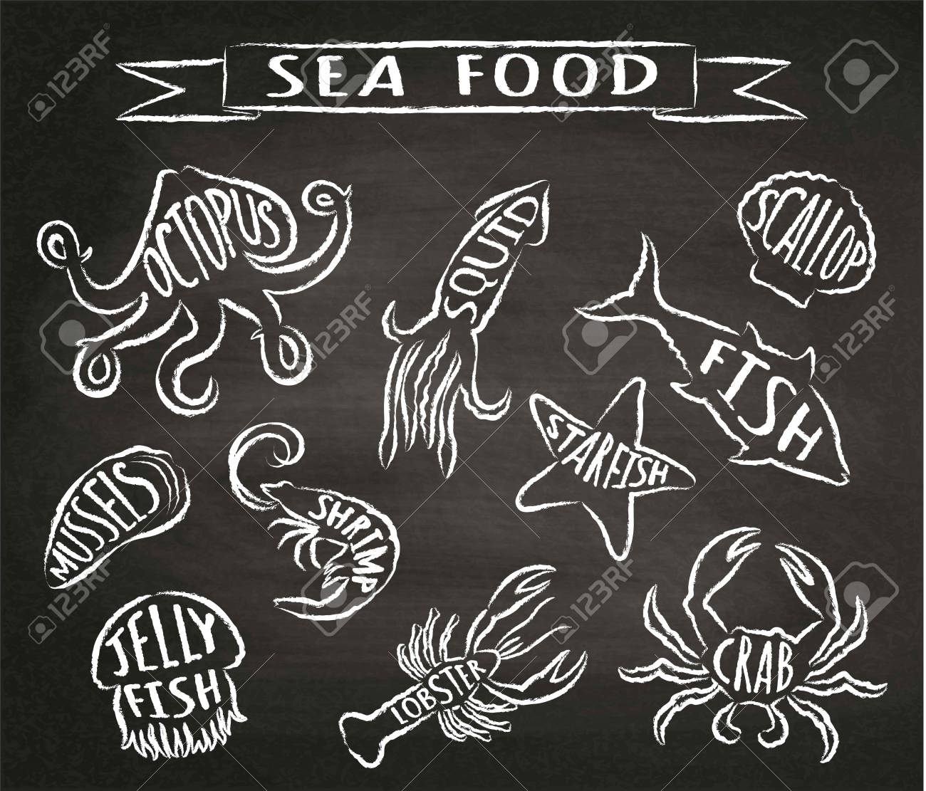 黒板上のシーフードチョーク輪郭ベクトルイラスト レストランメニューデザインのための要素 装飾 ラベル 名前 を持つ海の動物のチョークテクスチャグランジ輪郭 のイラスト素材 ベクタ Image
