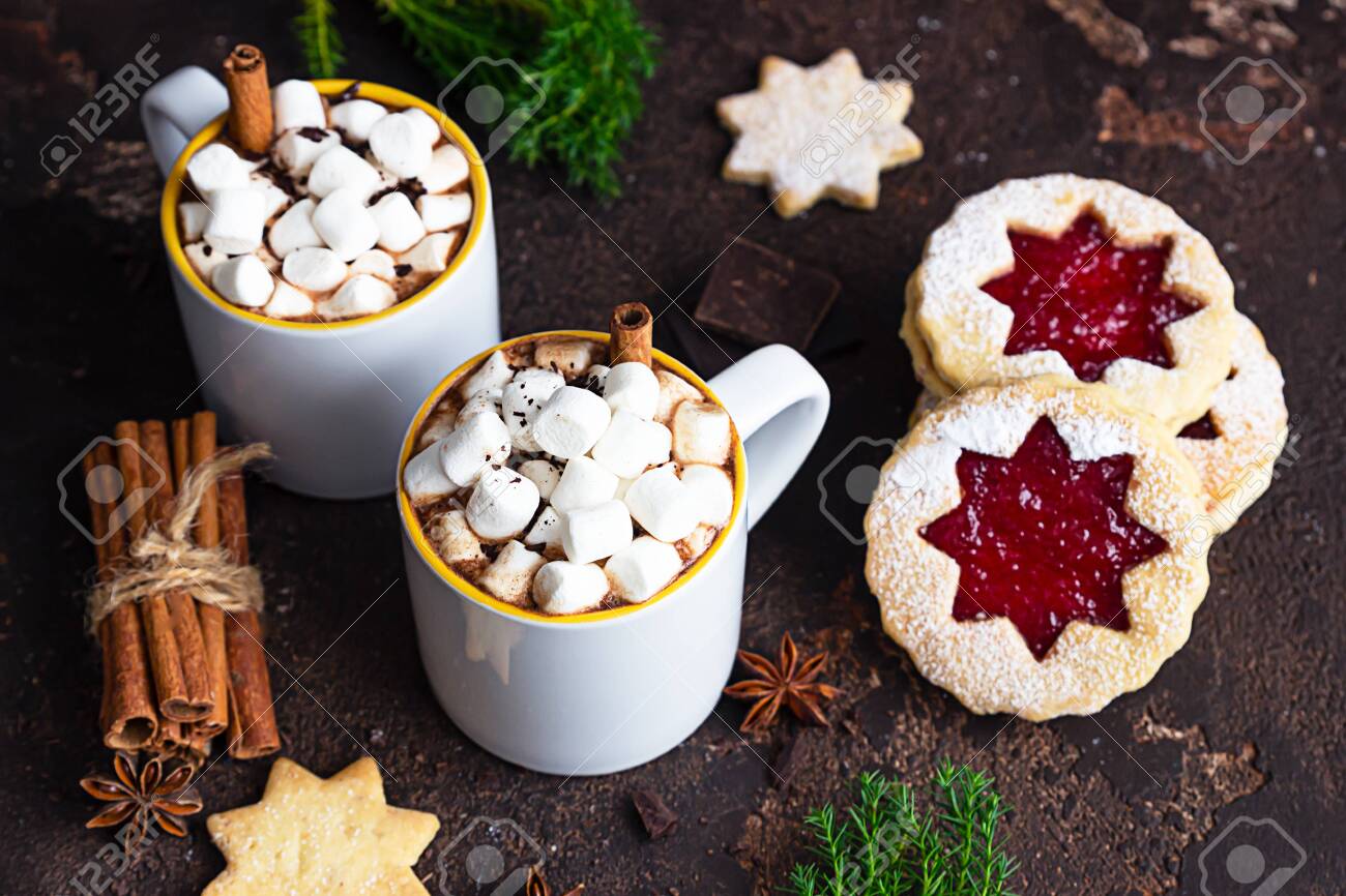 Two Cups Of Hot Chocolate Or Cocoa With Marshmallow And Cinnamon Stock Photo Picture And Royalty Free Image Image 156250800
