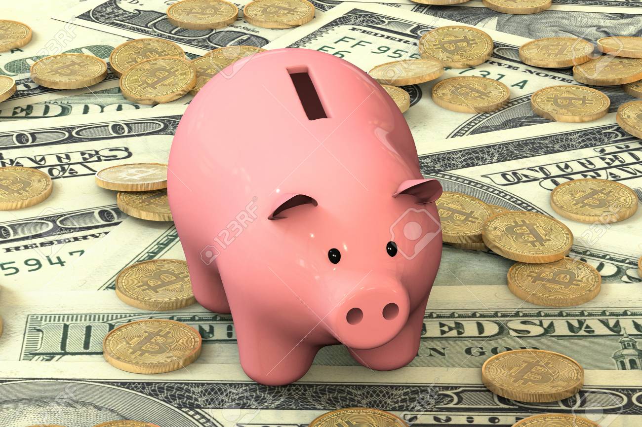 3d 그림 : 돼지 저금통 돼지 저금통 달러 돈을의 은행권의 배경에 거짓말. 비즈니스 개념을 금융. 투자, 예금, 대출, 보관, 현금.  채광. 환전소. 로열티 무료 사진, 그림, 이미지 그리고 스톡포토그래피. Image 84115845
