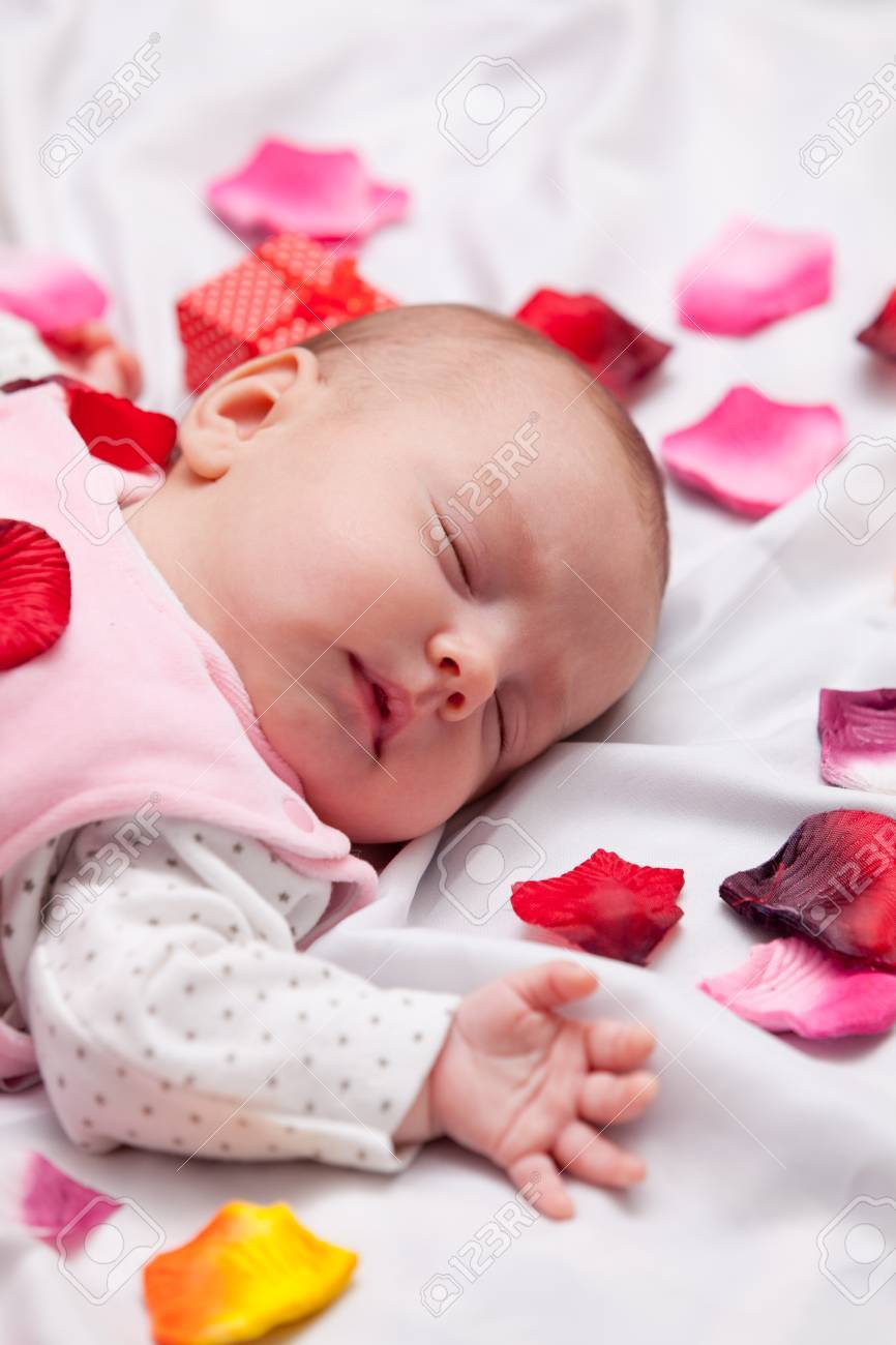 Petit Bebe Avec Des Petales De Rose Sur Fond Blanc Banque D Images Et Photos Libres De Droits Image