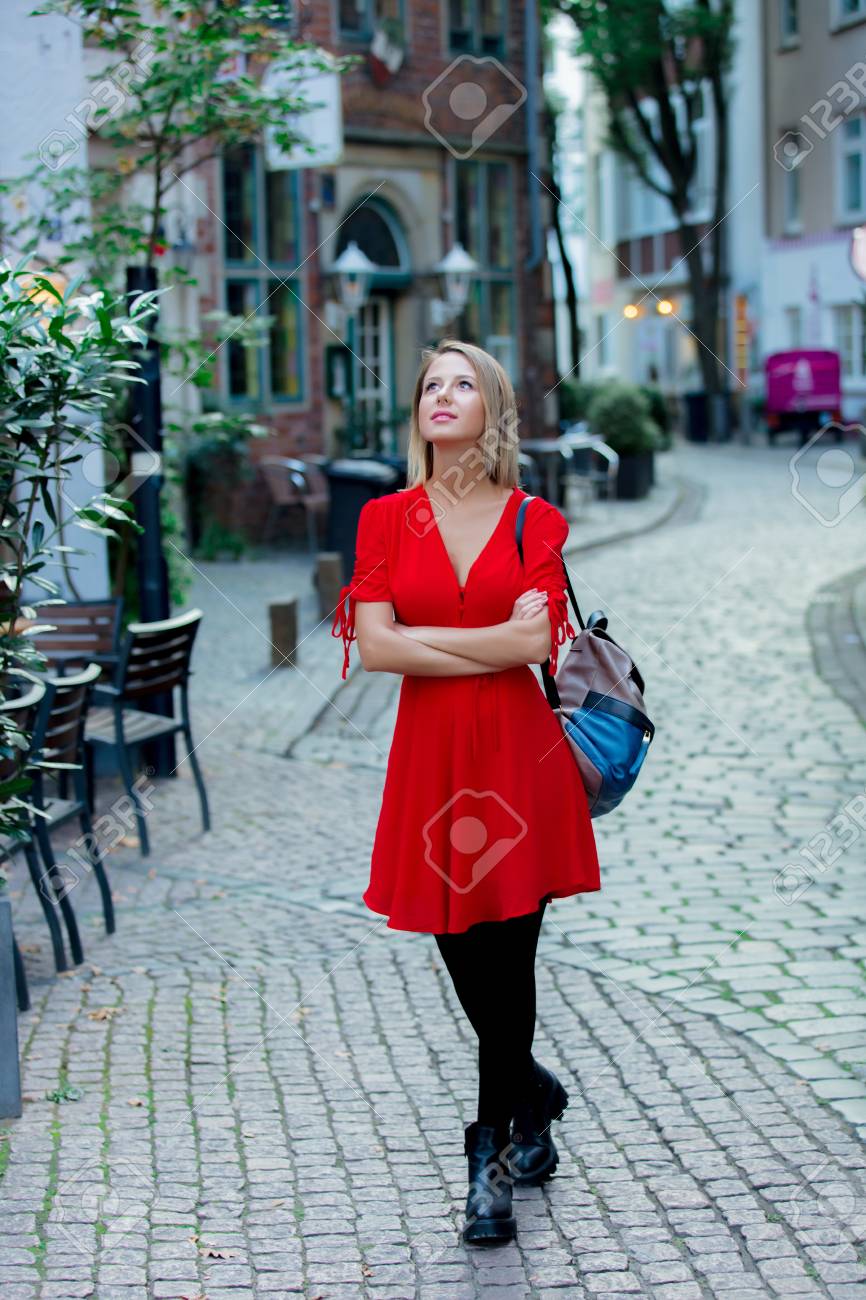 Young Lady In Dress On Medieval Street Of Bremen, Germany. Trevel  Destination Concept Stock Photo, Picture and Royalty Free Image. Image  108170420.