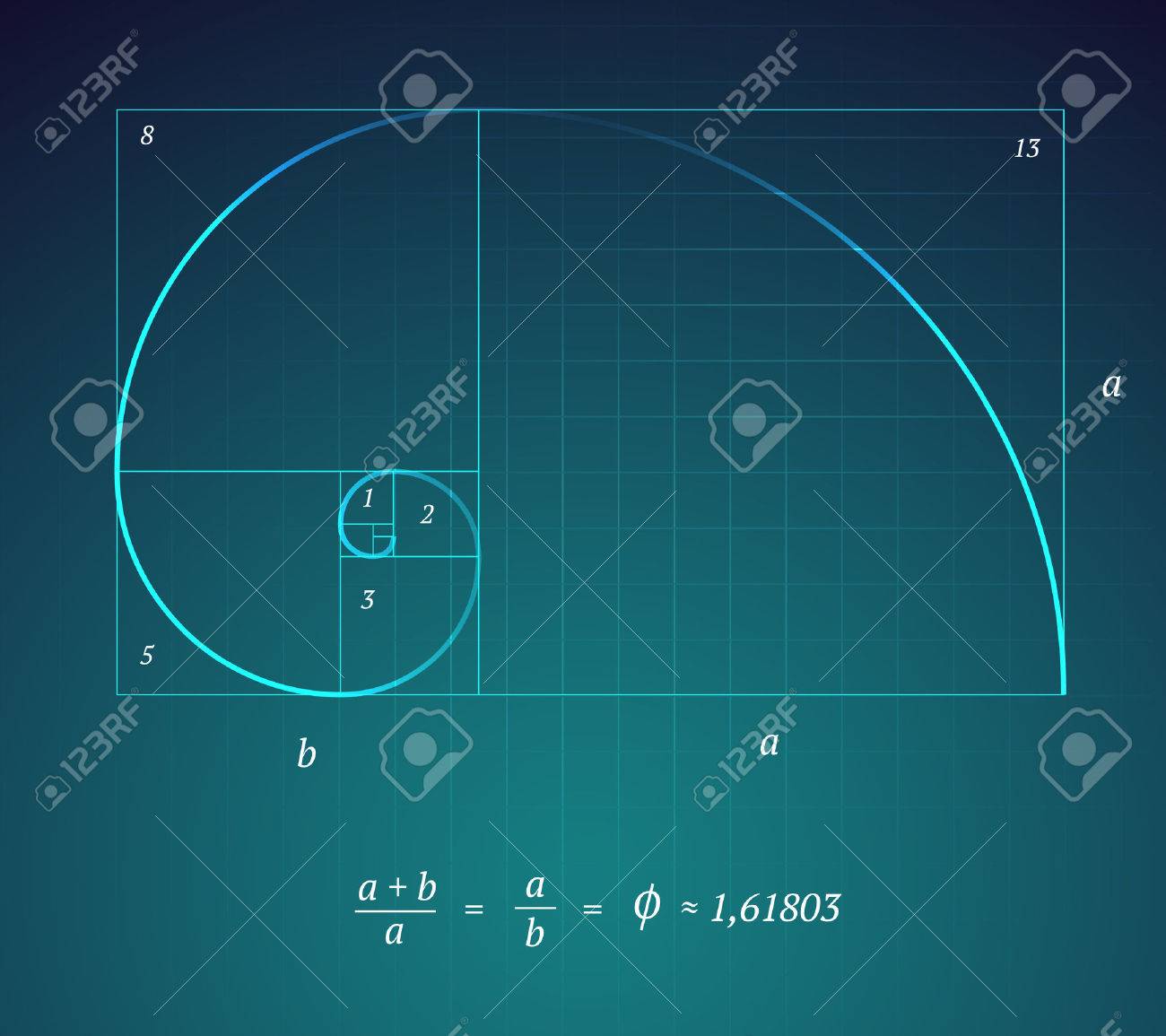 数学の公式と暗い青色の背景に黄金比の熱烈なスキーム のイラスト素材 ベクタ Image