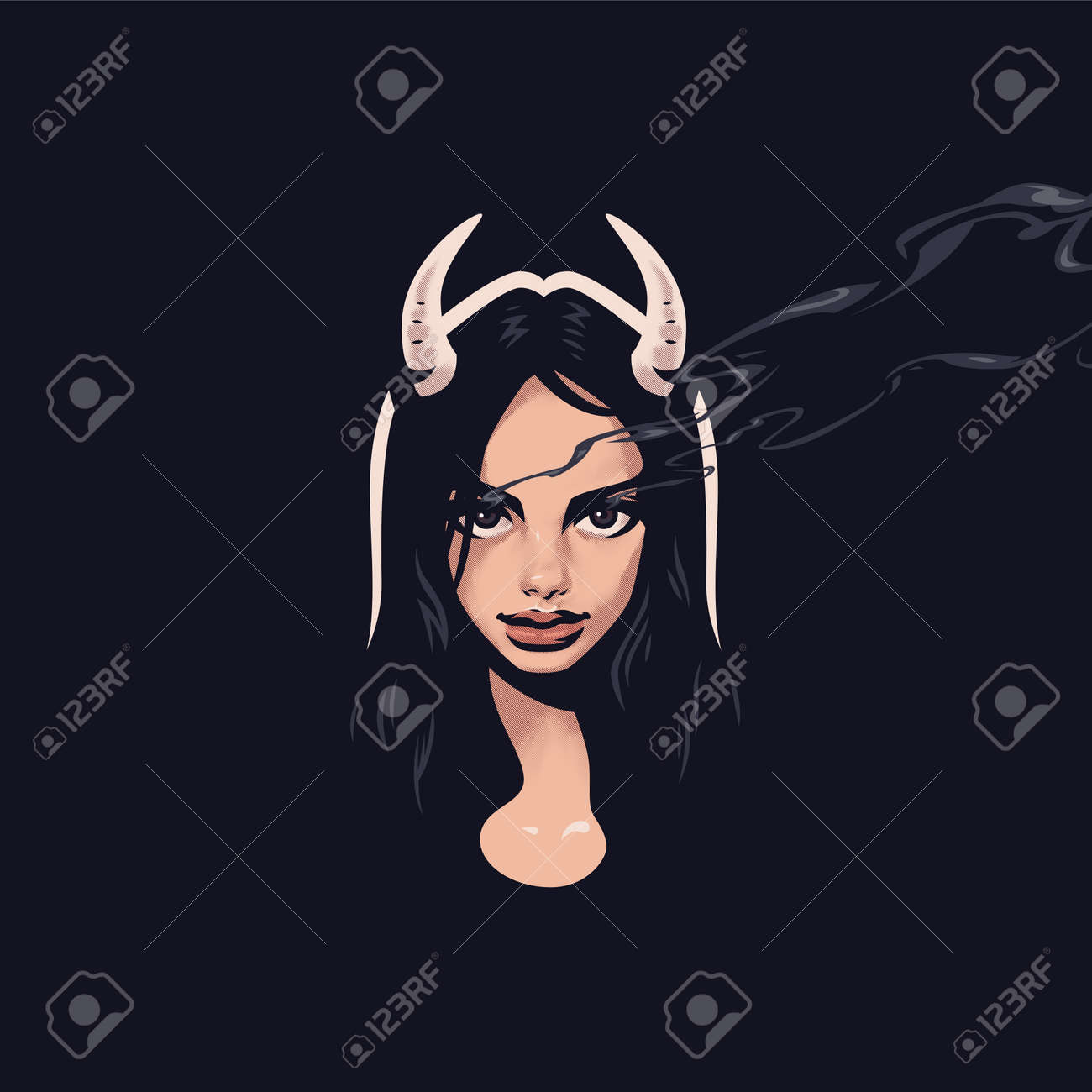 A Mystical Look. A Devil Woman With Horns On Her Head. Black Background.  Magically It Comes From The Eyes. Royalty Free SVG, Cliparts, Vectors, and  Stock Illustration. Image 179781225., image size:1300x1300