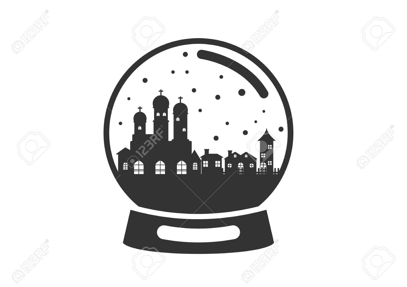 アイコン マジック クリスマス雪グローブ ベクトル イラスト 小さな家と教会冬松木林の中雪シームレス パターン ガラス Snowglobe ギフト の イラスト素材 ベクタ Image