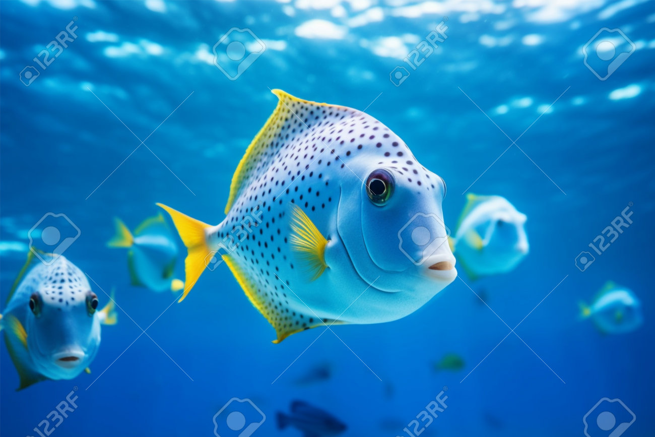 Tropical Fish Swimming In The Deep Blue Sea. Underwater World. Stock Photo,  Picture and Royalty Free Image. Image 210797218., image size:1300x867