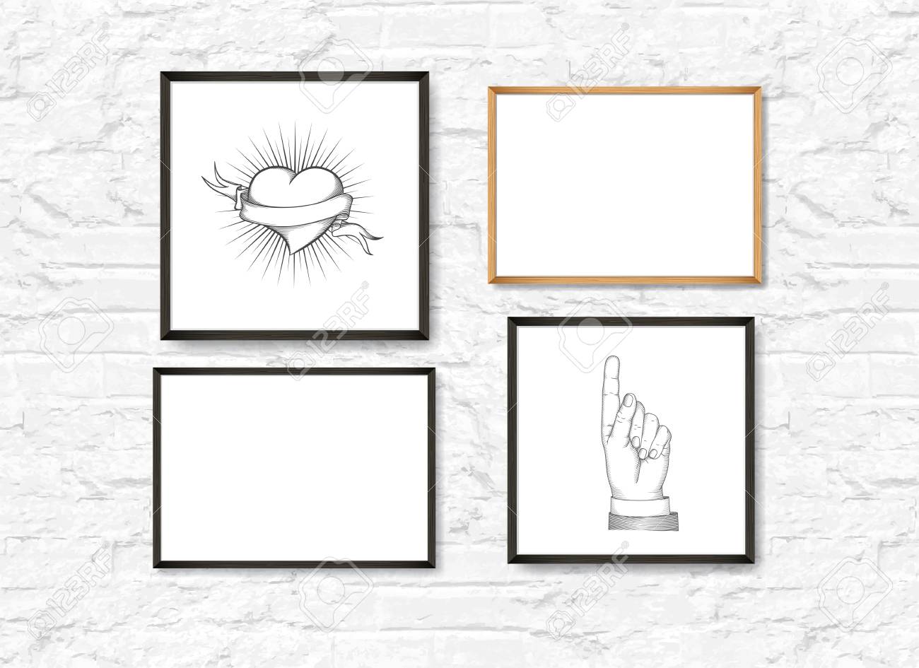 Set of Realistic Light and Dark Wooden Picture Frames on a White brick Wall. Loft interior. Design Template for Mock Up. Square and rectangle A4 shapes. Vector - 125053454 Set of Realistic Light and Dark Wooden Picture Frames on a White brick Wall. Loft interior. Design Template for Mock Up. Square and rectangle A4 shapes. Vector - 125053454