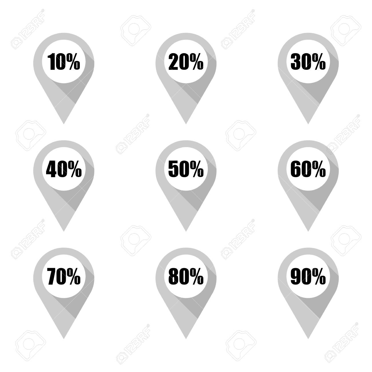 set of gray map pins with different percentage isolated on white