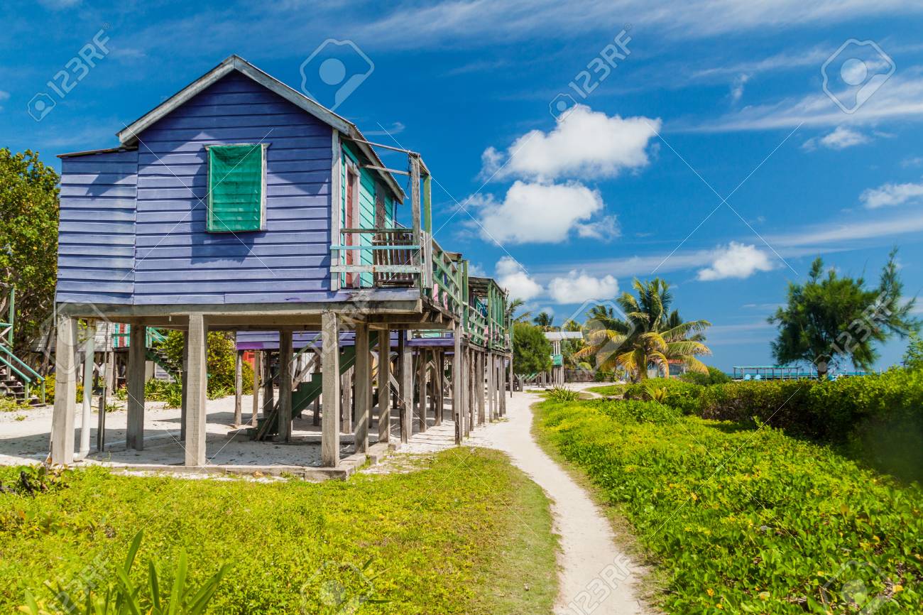 Stock photo wooden houses on stilts at caye caulker island belize