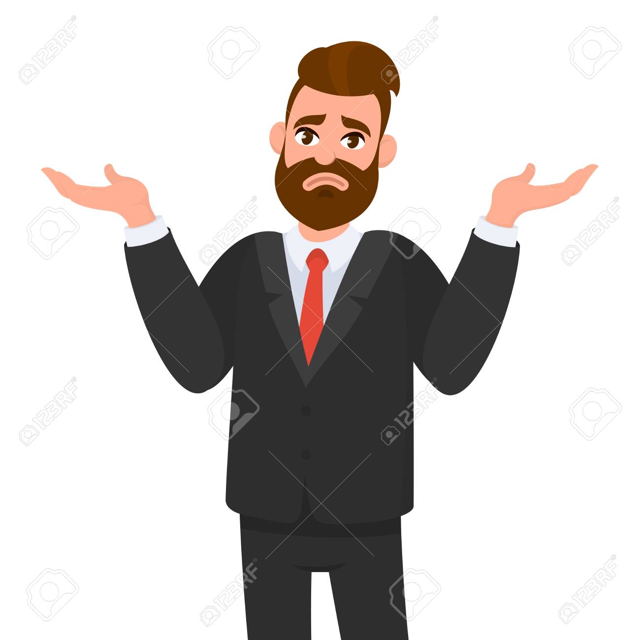 Oops. Sorry. I don't know. Young business man shrugs, shows helpless gesture and spread his hands, he does not know what to do. - 113999447 Oops. Sorry. I don't know. Young business man shrugs, shows helpless gesture and spread his hands, he does not know what to do. - 113999447