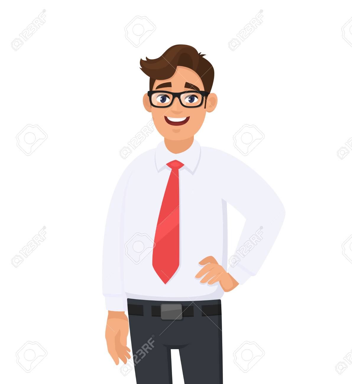 Portrait of confident handsome young businessman in white shirt and red tie, standing against white background. Human emotion and businessman concept illustration in vector cartoon flat style. - 125053486 Portrait of confident handsome young businessman in white shirt and red tie, standing against white background. Human emotion and businessman concept illustration in vector cartoon flat style. - 125053486