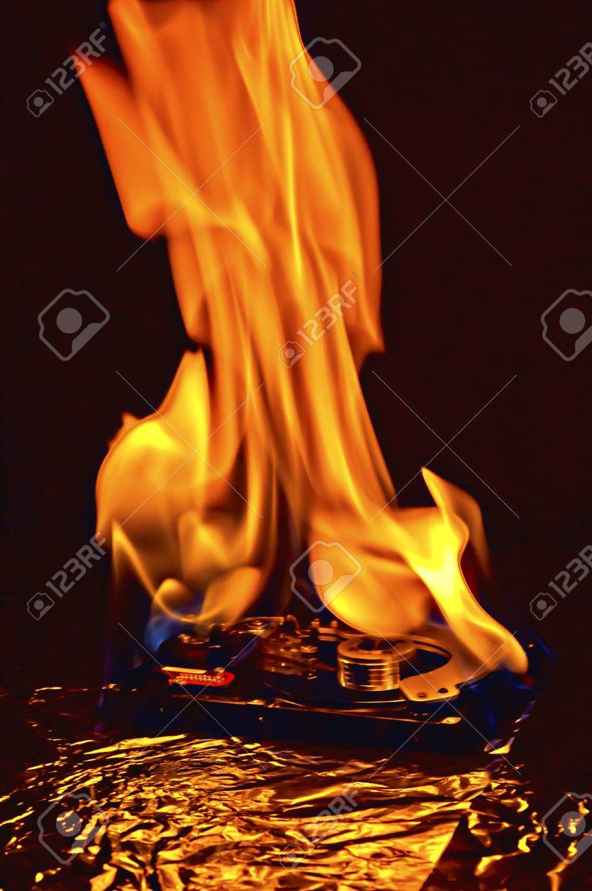 computer hard disk on fire burning in flasmes stock photo picture burning computer