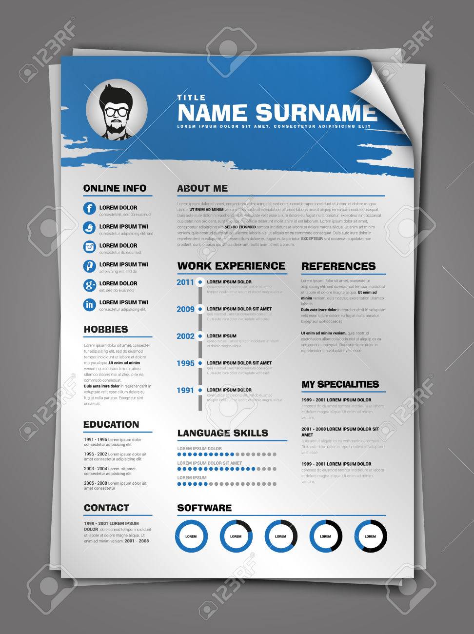 minimalist cv on paper sheet with curl corner resume template blue resume paper