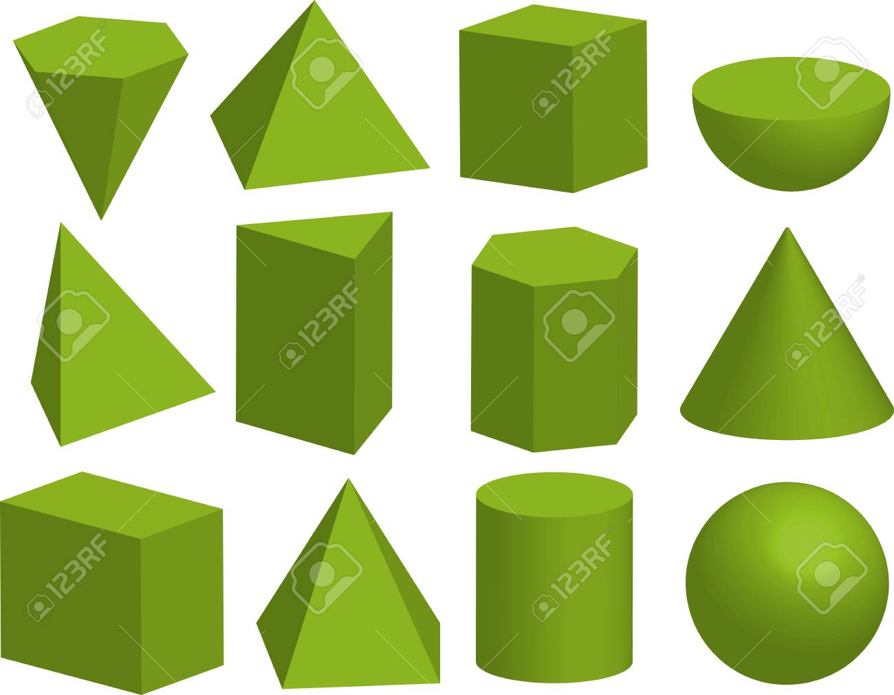 Basic 3d geometric shapes. Geometric solids. Pyramid, prism, polyhedron, cube, cylinder, cone, sphere, hemisphere. Isolated on white background. - 90381352 Basic 3d geometric shapes. Geometric solids. Pyramid, prism, polyhedron, cube, cylinder, cone, sphere, hemisphere. Isolated on white background. - 90381352
