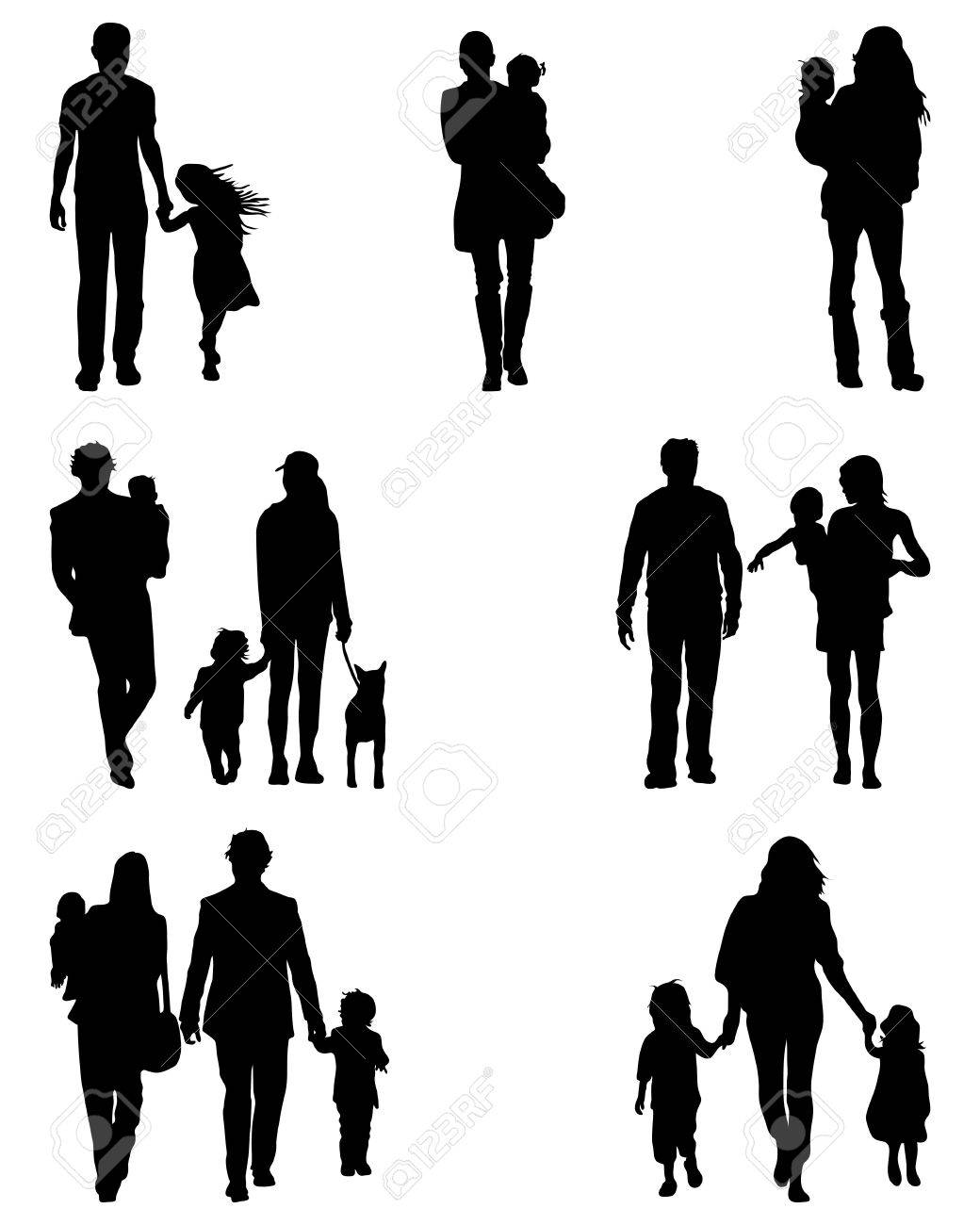 白い背景の上を歩く家族のシルエットのイラスト素材 ベクタ Image