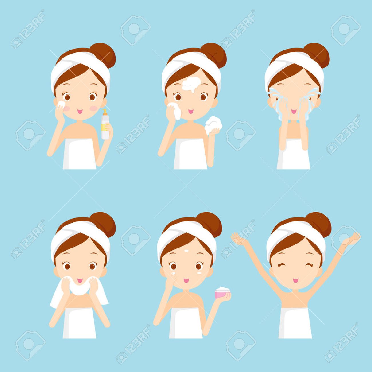 Girl cleaning and care her face with various actions set, facial, treatment, beauty, healthy, hygiene, lifestyle, set - 53424192 Girl cleaning and care her face with various actions set, facial, treatment, beauty, healthy, hygiene, lifestyle, set - 53424192