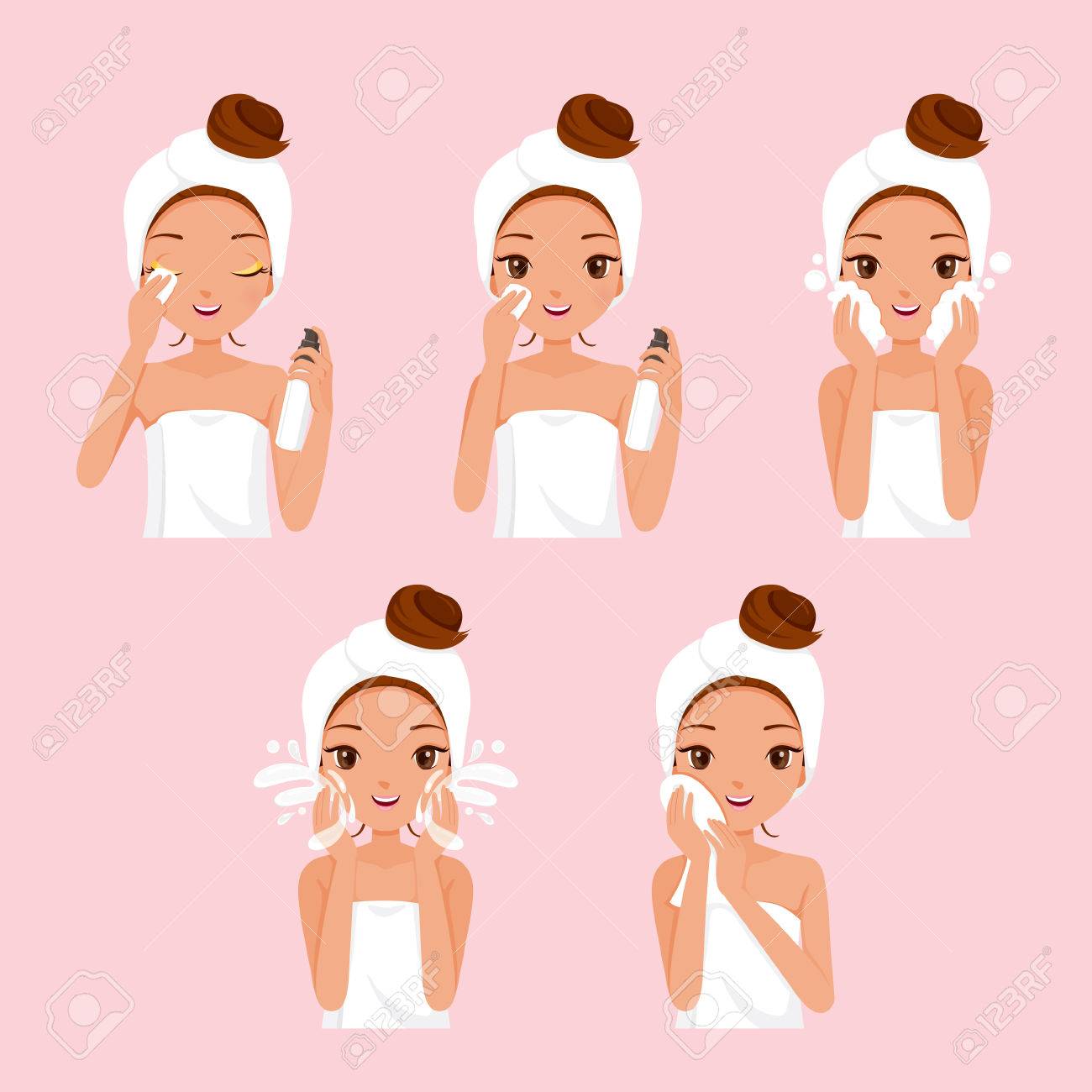 Girl Cleaning And Care Her Face With Various Actions Set, Facial, Beauty, Cosmetic, Makeup, Health, Lifestyle, Fashion - 54561074 Girl Cleaning And Care Her Face With Various Actions Set, Facial, Beauty, Cosmetic, Makeup, Health, Lifestyle, Fashion - 54561074