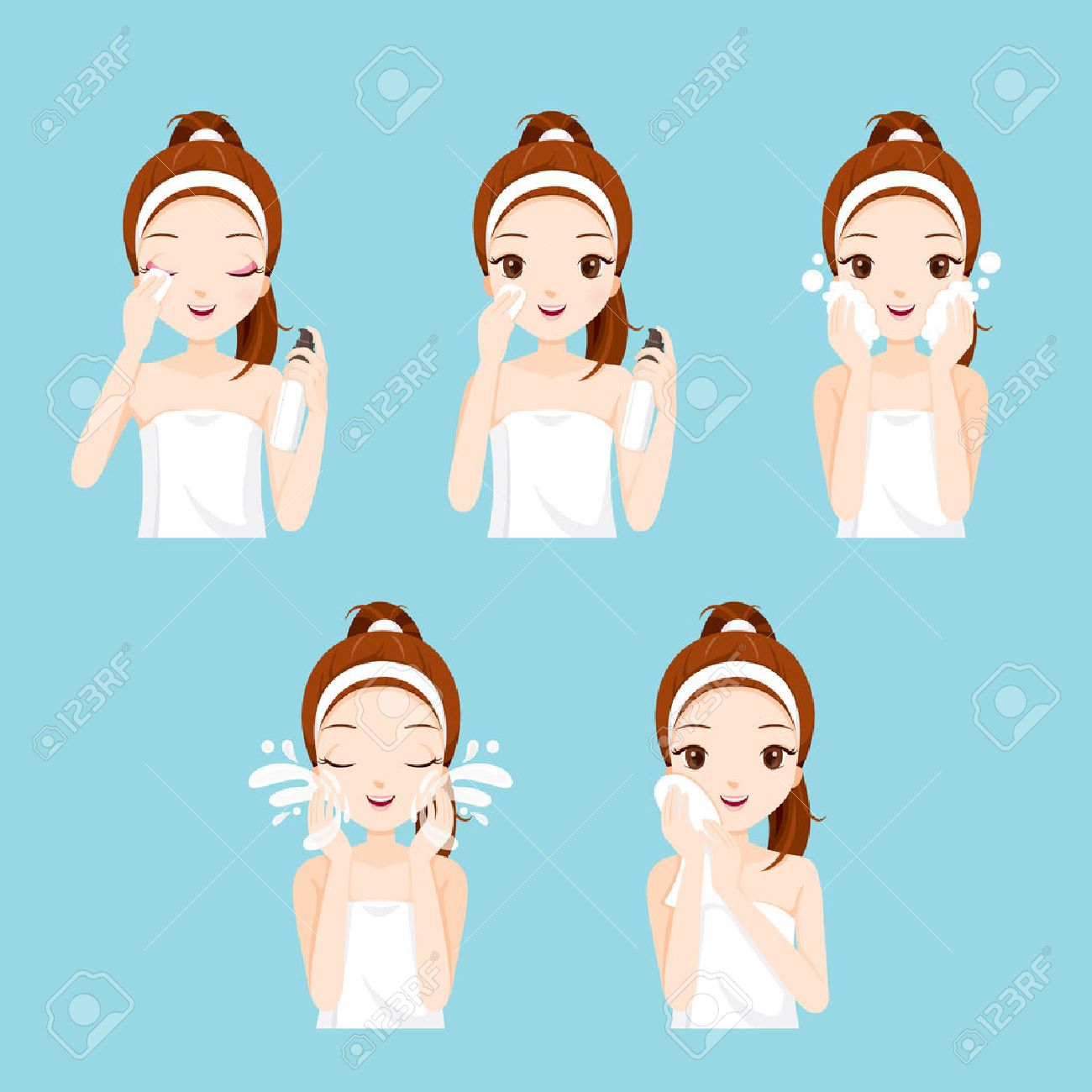 Girl Cleaning And Care Her Face With Various Actions Set, Facial, Beauty, Cosmetic, Makeup, Health, Lifestyle, Fashion - 54560700 Girl Cleaning And Care Her Face With Various Actions Set, Facial, Beauty, Cosmetic, Makeup, Health, Lifestyle, Fashion - 54560700