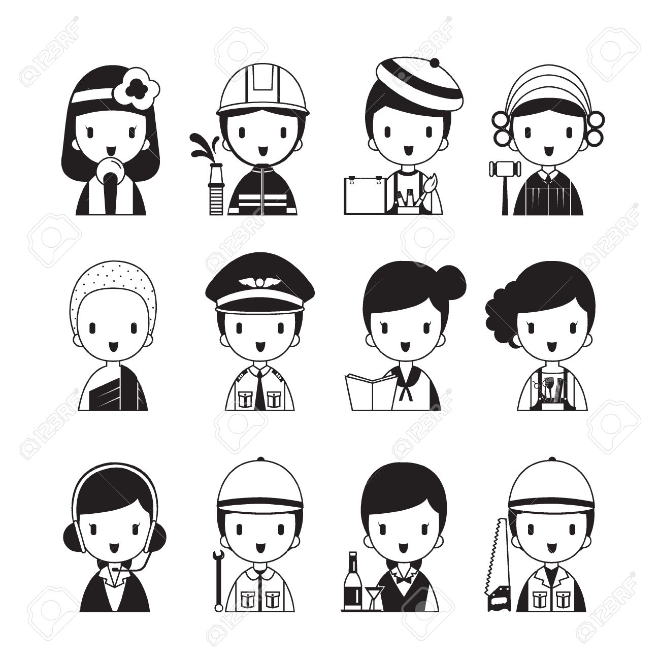 people occupations icons set monochrome profession avatar job duty