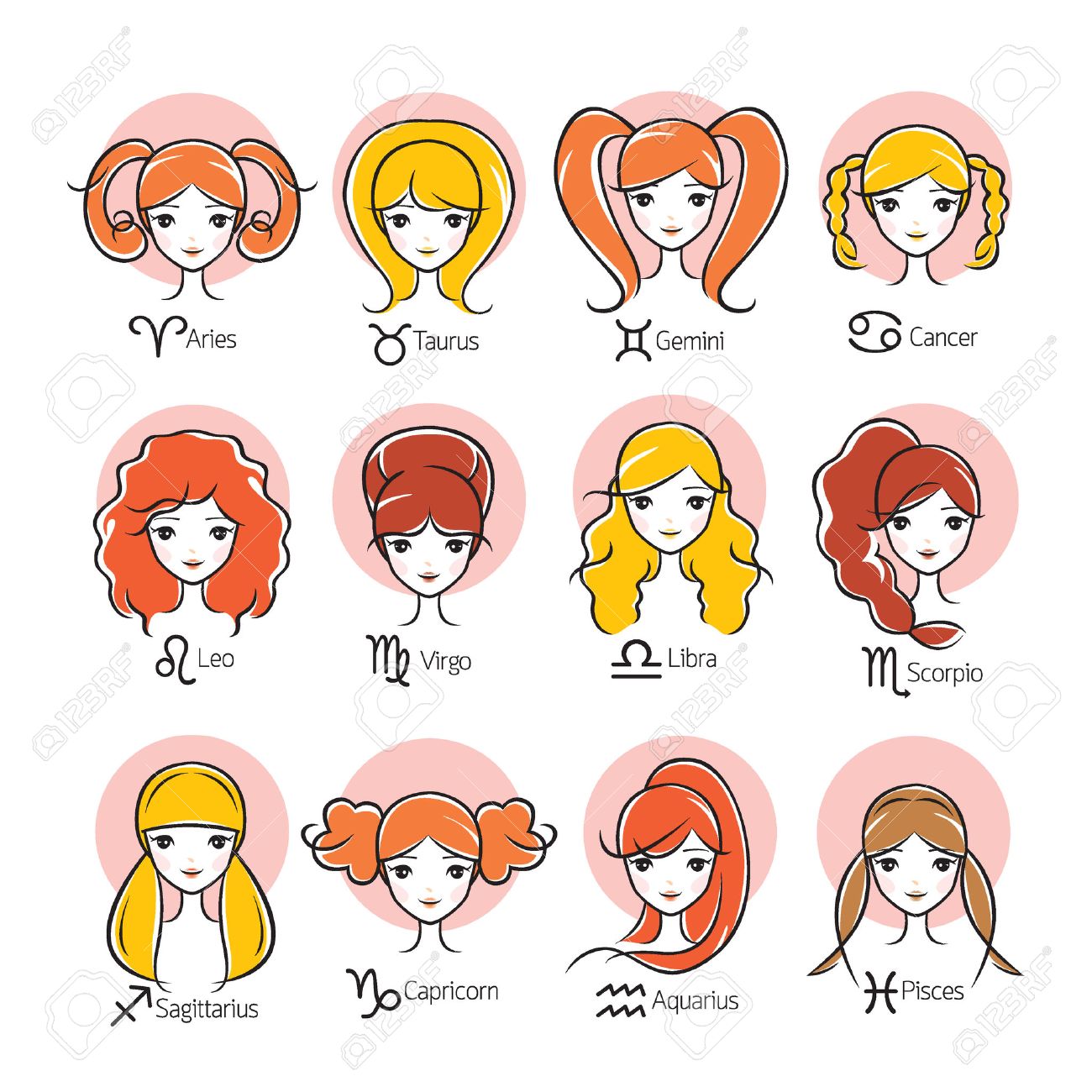 woman with 12 zodiac signs icons set astrological constellation