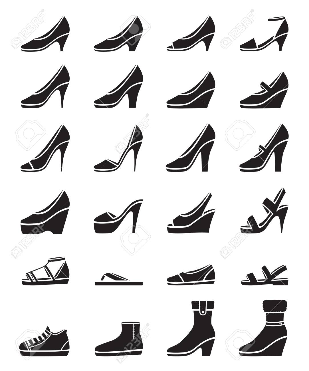 types of footwear on Set Of Different Types Of Women S Shoes Monochrome Side View Royalty Free Cliparts Vectors And Stock Illustration Image 108576187