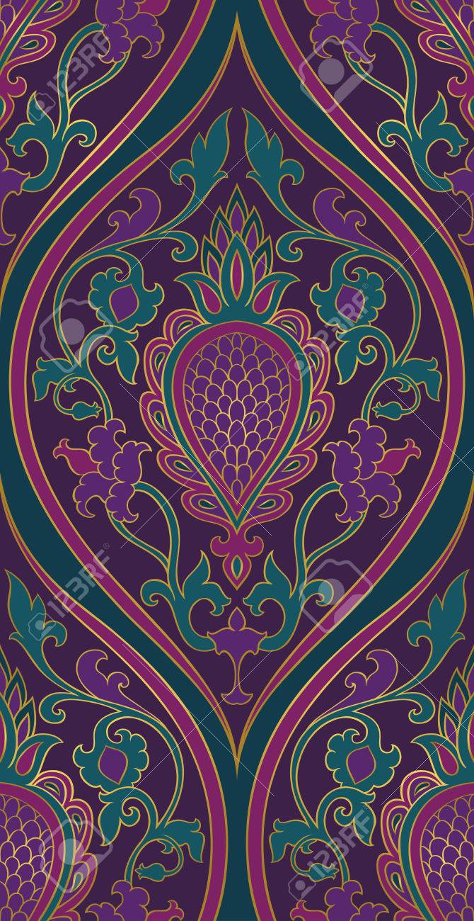 ダマスク模様 紫と緑の細工の髪飾り 壁紙 テキスタイル カーペットのエレガントなテンプレートです のイラスト素材 ベクタ Image