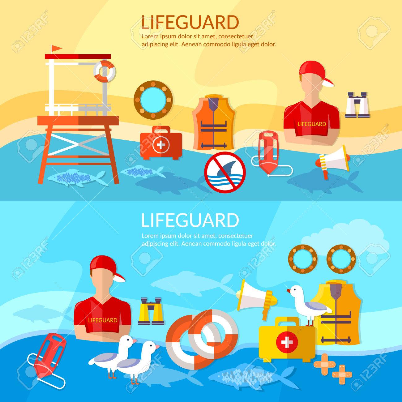 ベクトルのビーチにライフガード バナーがプロのライフガードの仕事します のイラスト素材 ベクタ Image