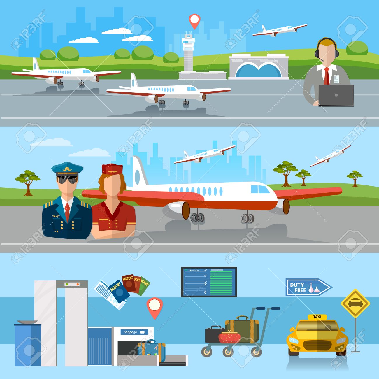空港バナー空港ターミナル航空機滑走路航空会社パイロット スチュワーデス手荷物検査スキャナー国際航空ベクトル イラストのイラスト素材 ベクタ Image